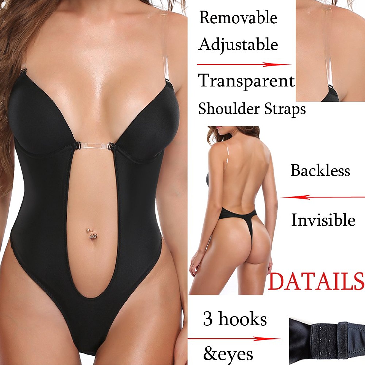 Womens Full Body Shaper Thong Convertible Seamless U Plunge Body Suit