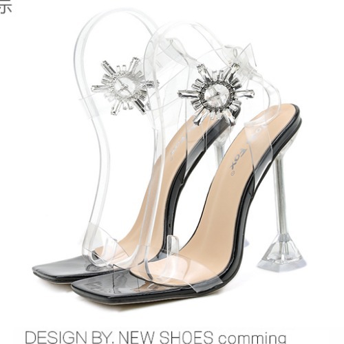 Transparent wine glasses and sandals Water Diamond Flower shoes CRRshop free shipping best sell female new sunflower rhinestone square head transparent glass heel slim high heel sandals women hot sale unique fashion designblack