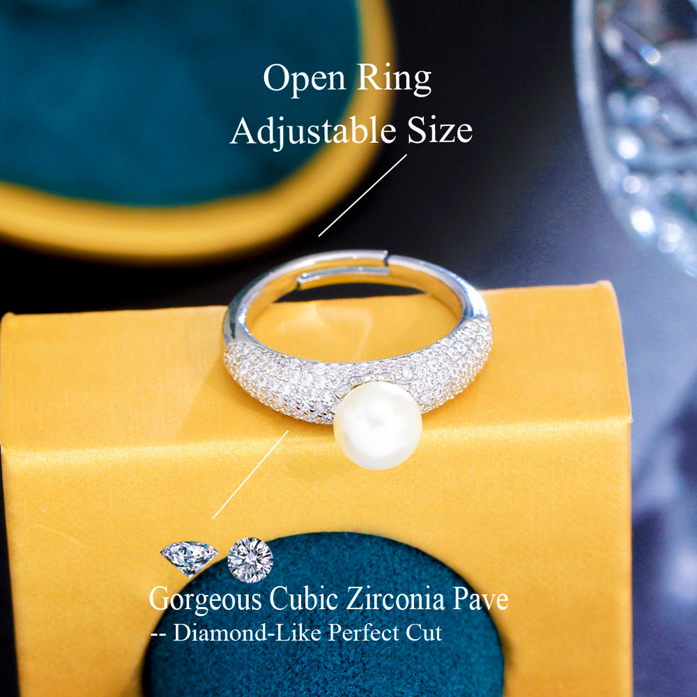 CWWZircons-Anillo de circonia cúbica ajustable para mujer, anillo de perlas redondas, Micro pavé, plateado, Boda nupcial, accesorios de joyería femenina, R270 - details 0