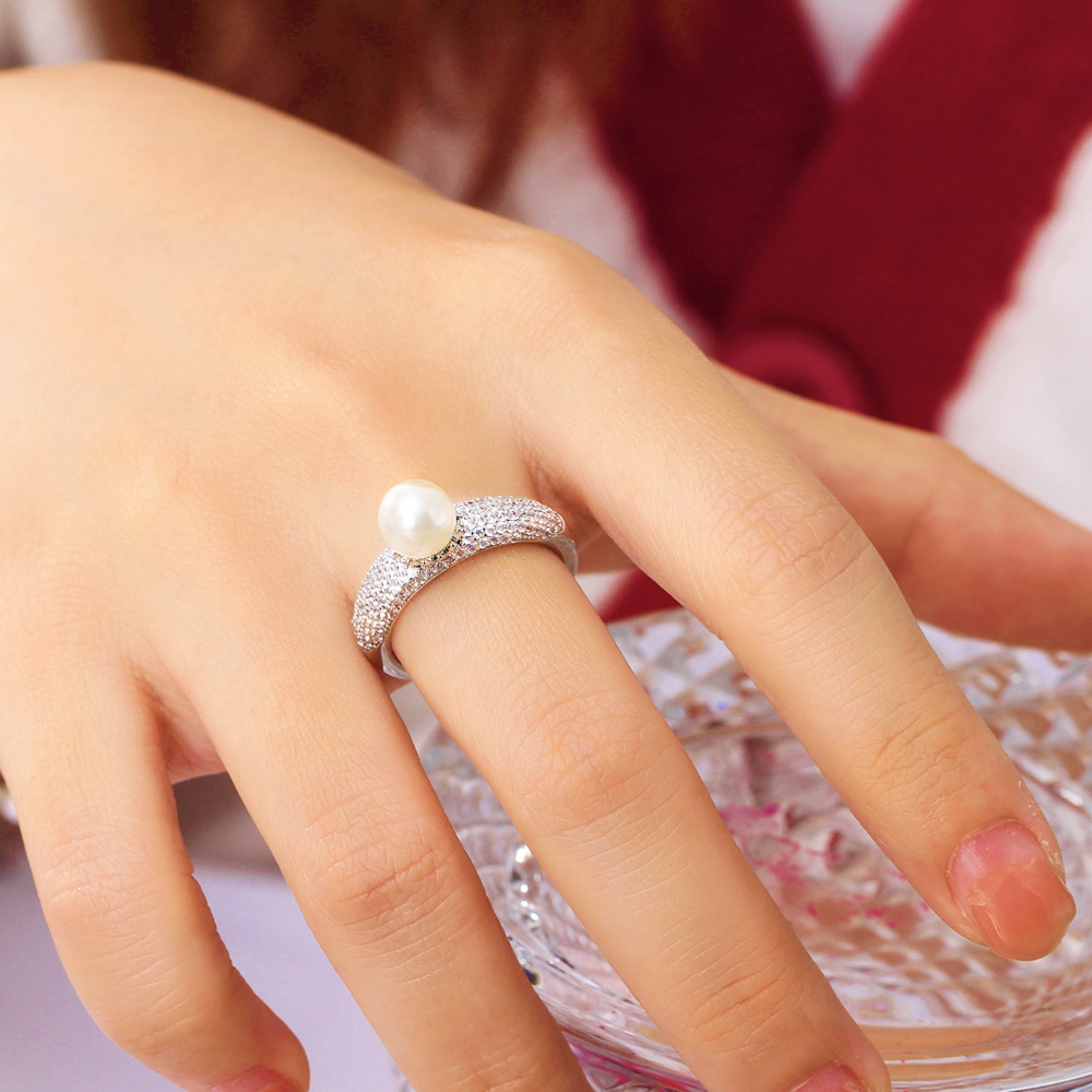 CWWZircons-Anillo de circonia cúbica ajustable para mujer, anillo de perlas redondas, Micro pavé, plateado, Boda nupcial, accesorios de joyería femenina, R270 - details 1