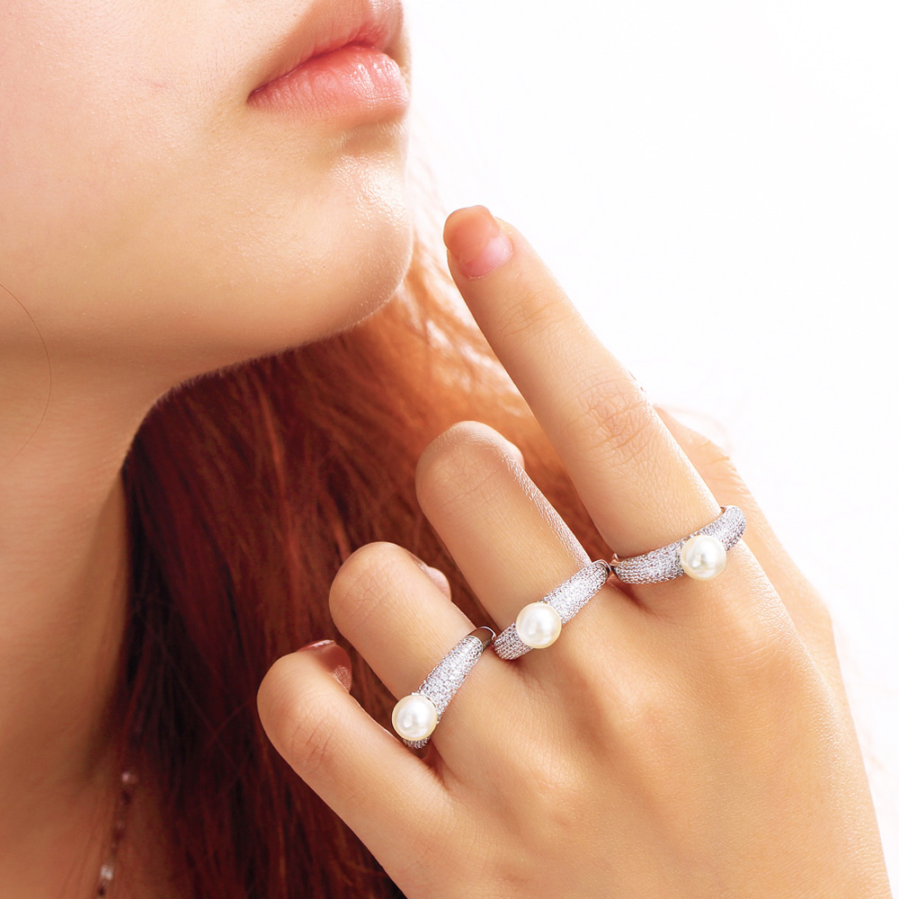 CWWZircons-Anillo de circonia cúbica ajustable para mujer, anillo de perlas redondas, Micro pavé, plateado, Boda nupcial, accesorios de joyería femenina, R270 - details 2