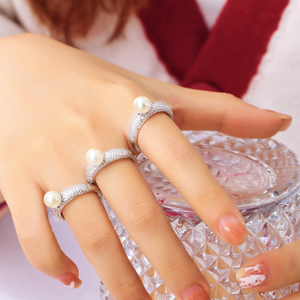 CWWZircons-Anillo de circonia cúbica ajustable para mujer, anillo de perlas redondas, Micro pavé, plateado, Boda nupcial, accesorios de joyería femenina, R270 - details 3