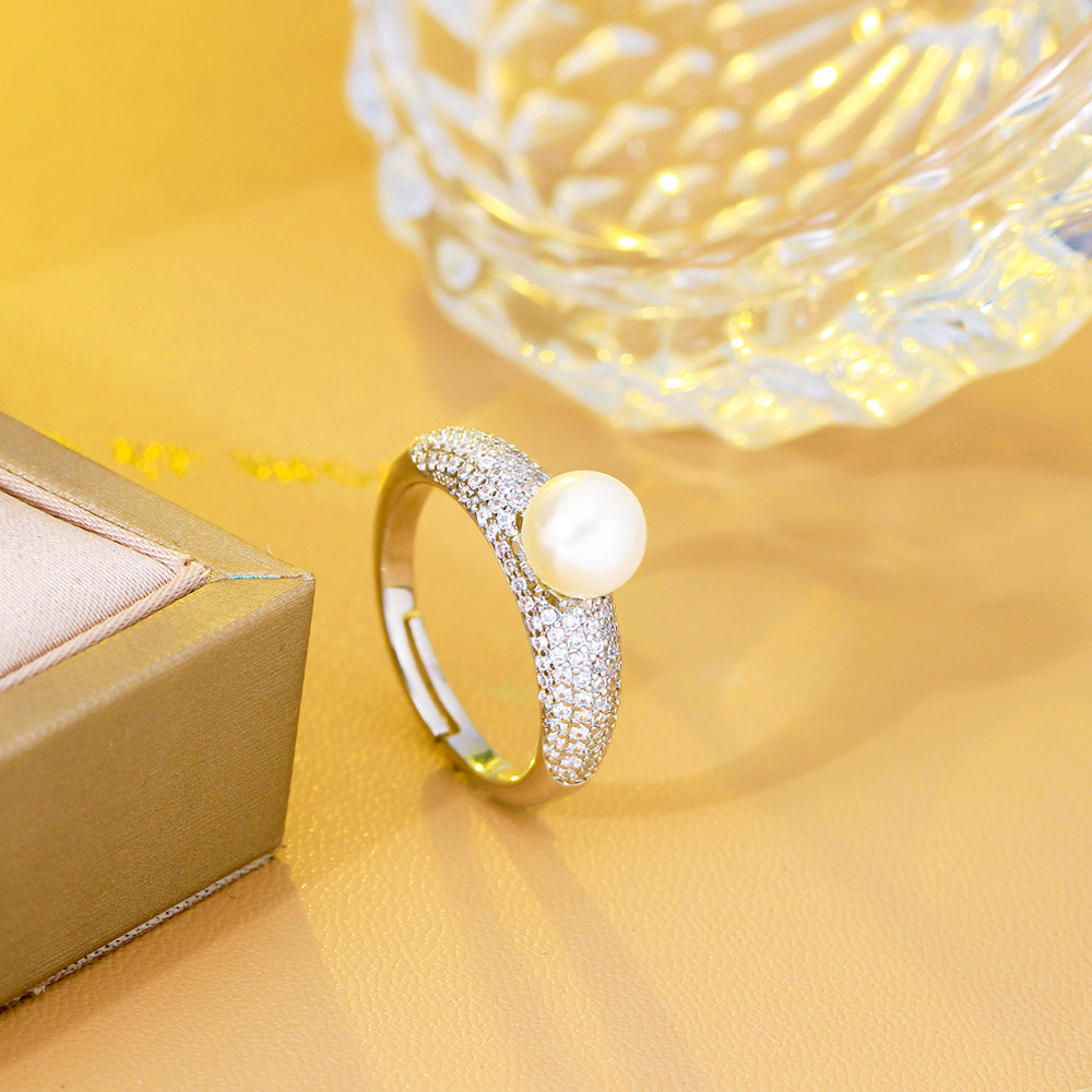 CWWZircons-Anillo de circonia cúbica ajustable para mujer, anillo de perlas redondas, Micro pavé, plateado, Boda nupcial, accesorios de joyería femenina, R270 - details 6