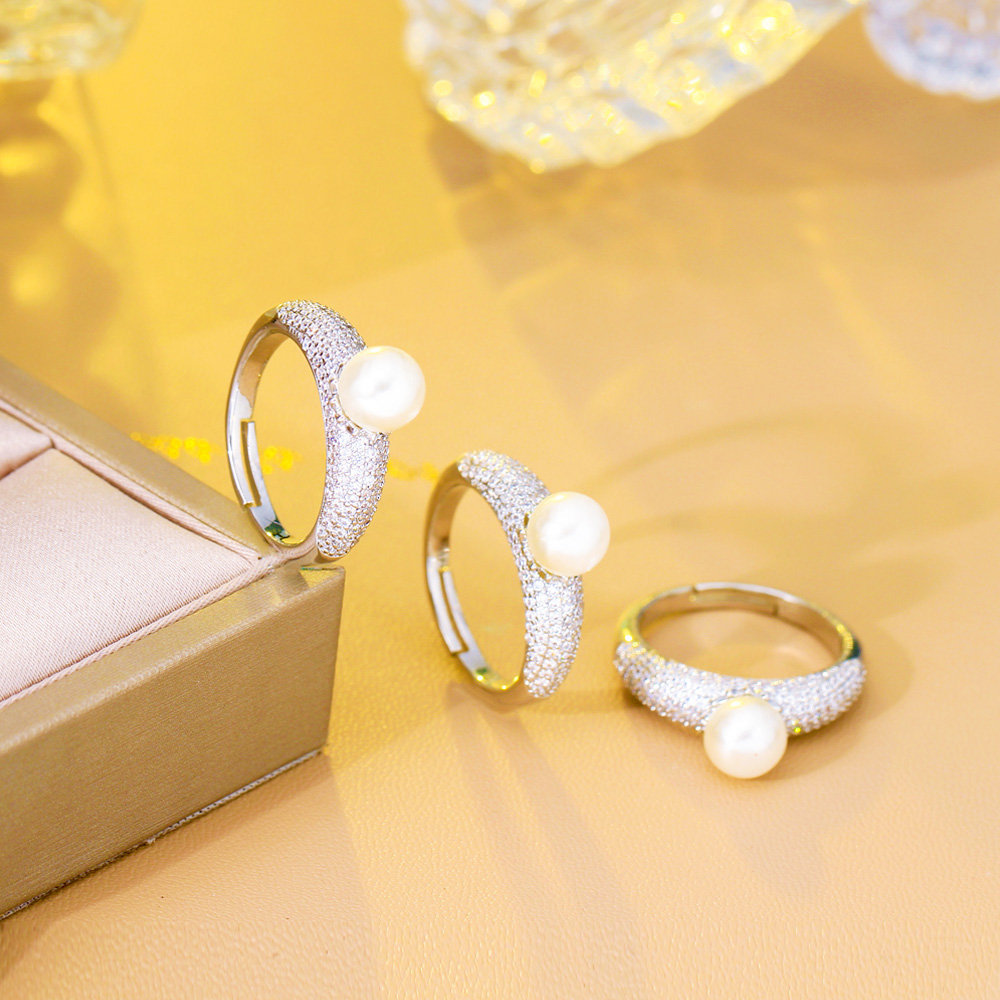 CWWZircons-Anillo de circonia cúbica ajustable para mujer, anillo de perlas redondas, Micro pavé, plateado, Boda nupcial, accesorios de joyería femenina, R270 - details 7