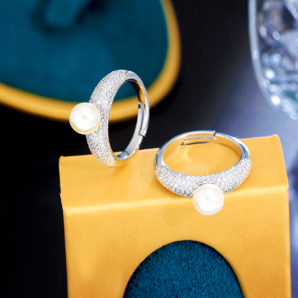 CWWZircons-Anillo de circonia cúbica ajustable para mujer, anillo de perlas redondas, Micro pavé, plateado, Boda nupcial, accesorios de joyería femenina, R270 - details 9