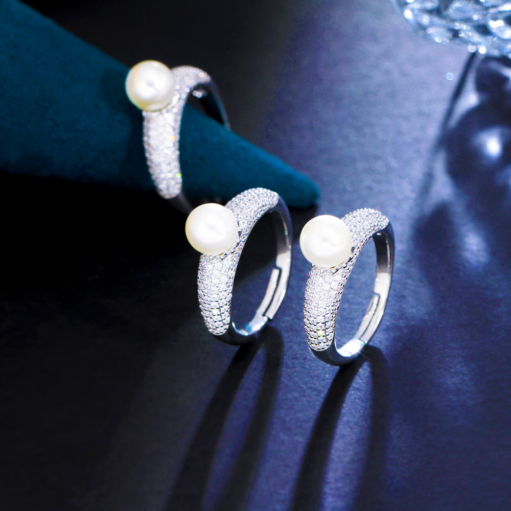 CWWZircons-Anillo de circonia cúbica ajustable para mujer, anillo de perlas redondas, Micro pavé, plateado, Boda nupcial, accesorios de joyería femenina, R270 - details 10
