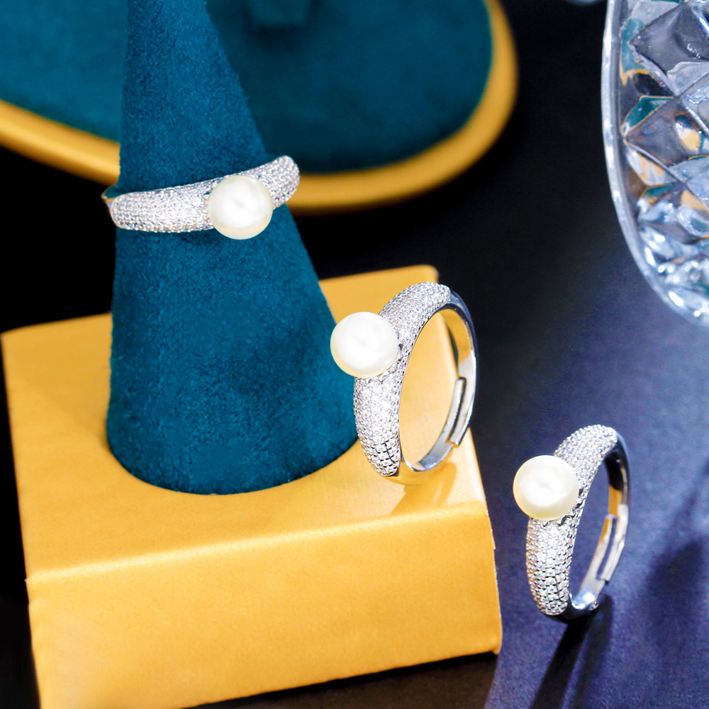 CWWZircons-Anillo de circonia cúbica ajustable para mujer, anillo de perlas redondas, Micro pavé, plateado, Boda nupcial, accesorios de joyería femenina, R270 - details 11