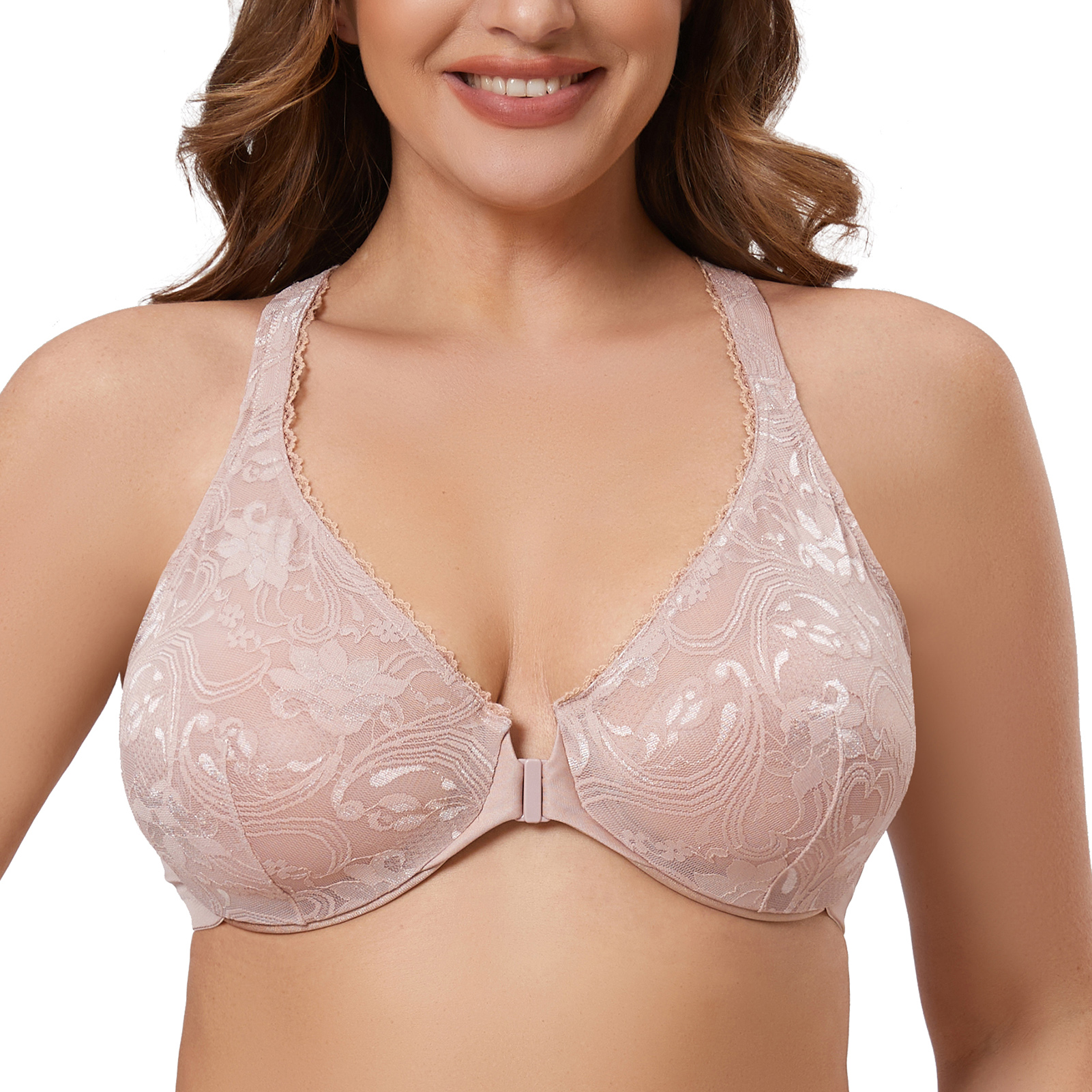 MELENECA Vrouwen Volledige Dekking Front Bevestiging Draadloze Comfort Niet Gewatteerde Houding BH Beige 105D