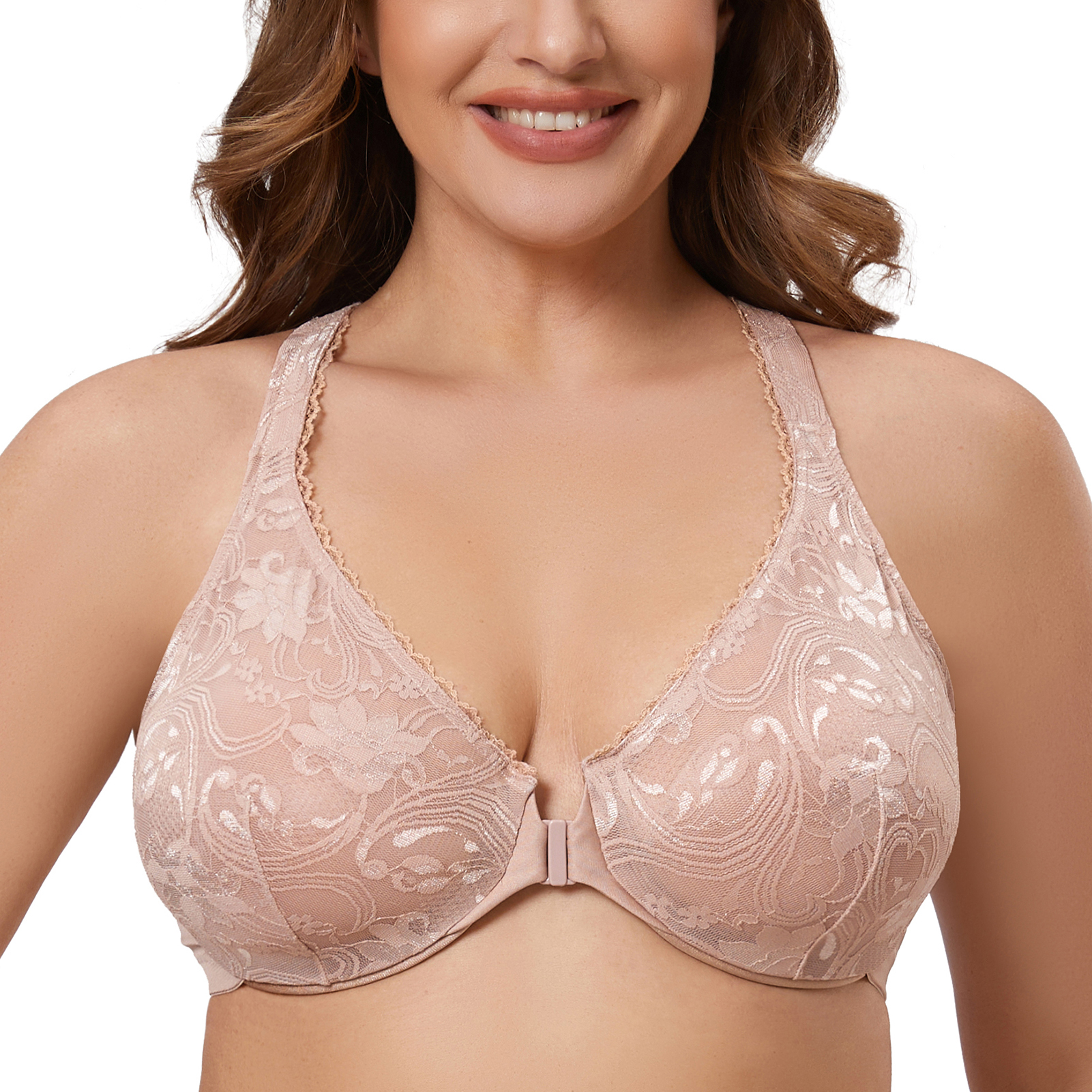 MELENECA Women's Plus Size Racerback Unlined Lace Underwire Front Closure Bra - Picture 7 of 12