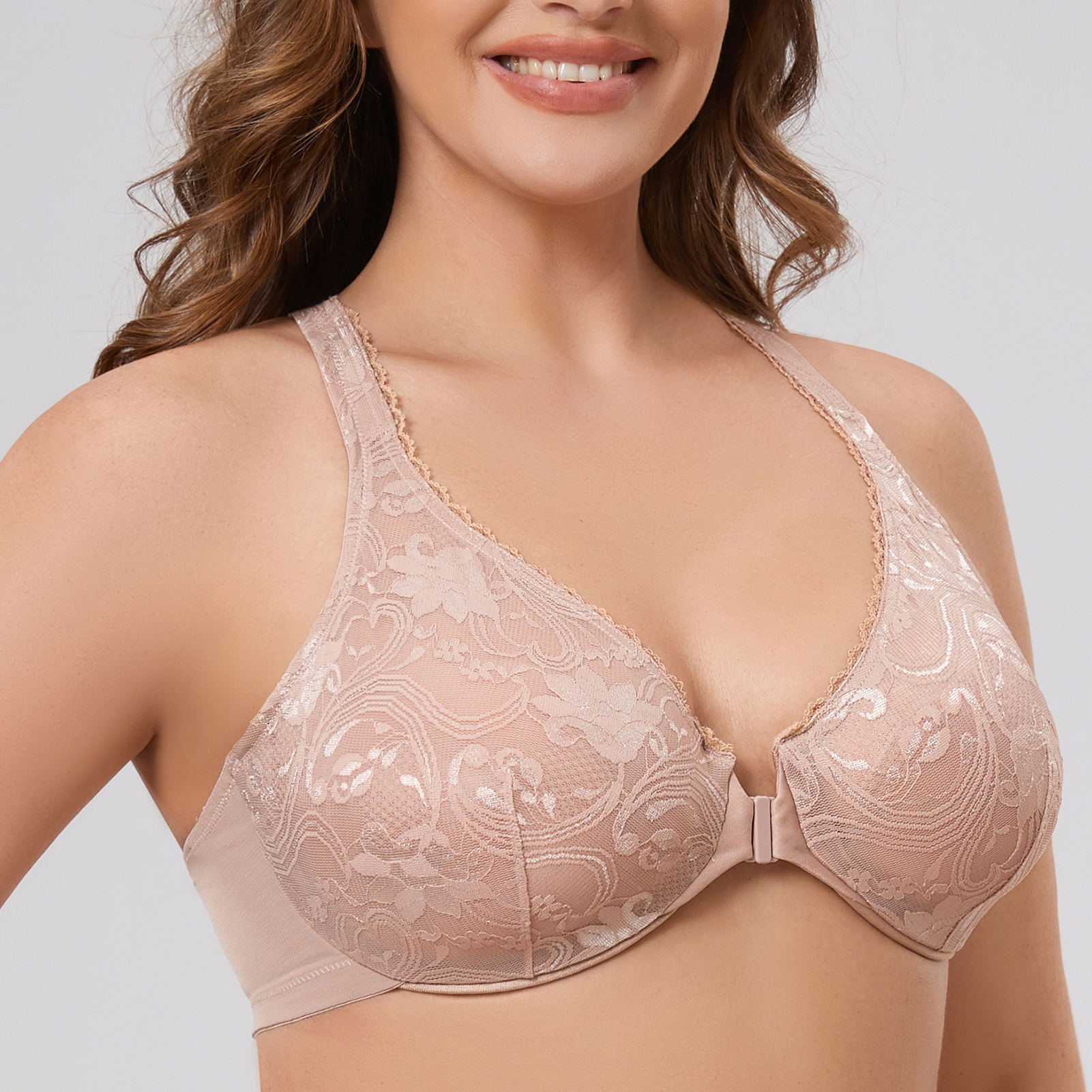 MELENECA Women's Plus Size Racerback Unlined Lace Underwire Front Closure Bra - Picture 10 of 12